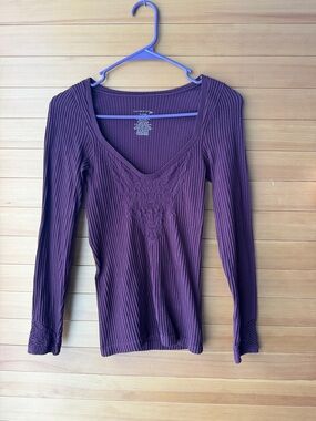 Free People Plum Ribbed V-Neck Long Sleeve Top